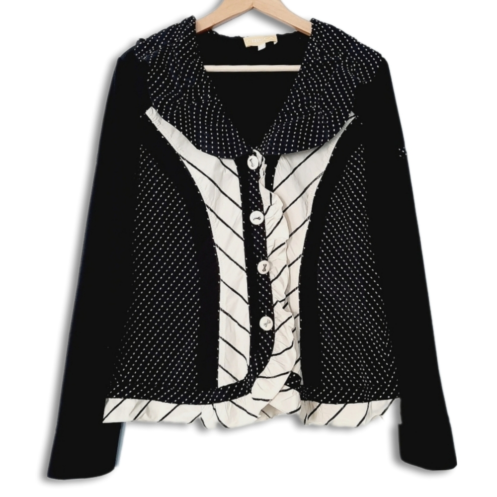 CRISCA Polka Dot Ruffle Trim Blazer Jacket in Black & White